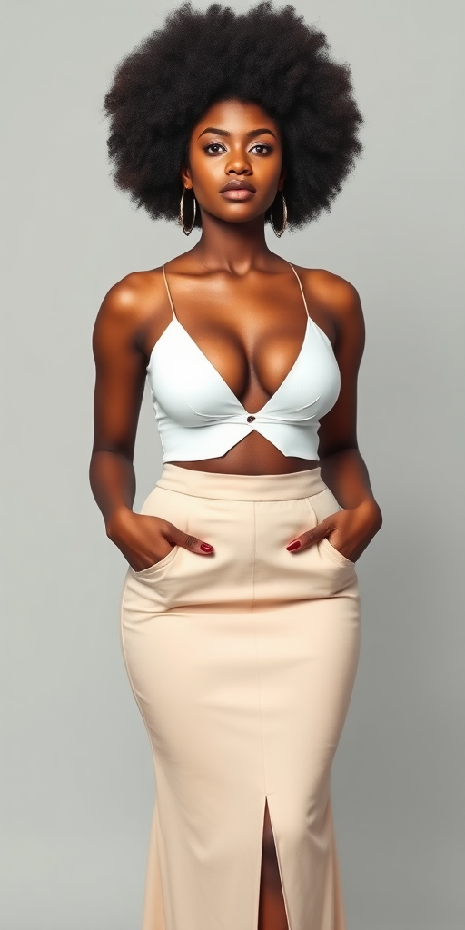 a fullbody photo of an african woman with big breasts with an afro wearing a high waisted skirt and a white top with a deep V-line cutout