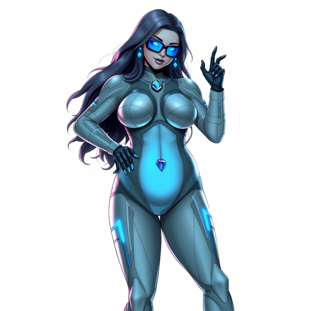 A 29-year-old computer science major, she is the devoted girlfriend of a vigilante and serves as his dotingly pampered, full-figured, nerdy, Middle Gray (N5) metallic skinned digital sidekick. She is now a Computer Program hybrid, with a unique, metallic Middle Gray (N5) skin color that blends with her suit and hair, appearing to merge together as computer data. Her long hair, suit, and skin are all the same metallic Middle Gray (N5) all blending together to appear to merge as computer data. Her neon blue eyes are mesmerizing. Her full figure, especially her prominent, round, gargantuan midsection, shows just how heavily fed and pampered she is, with sequoia-sized limbs and broad shoulders.

As a loyal and supportive sidekick, she plays a crucial role in their missions, using her digital prowess to assist and protect. She wears a blue sapphire scarab necklace and blue sapphire earrings, which she received as symbols of their love before his 5-year disappearance. Her digital, computerized bodysuit, also the same metallic Middle Gray (N5), blends with her skin and hair (appearing to merge together like computer data). She is equipped with high-tech features, including holographic displays and integrated hacking tools. She has matching high-tech gloves. She emits neon blue data cubes from her body, set against a solid white background.

Heavily, attentively, and immensely pampered through being well-fed since their reunion, her full figure clearly shows the extent of care she has received. Despite her digital enhancements, she retains her human vulnerabilities, including hunger and sleep, and is not immune to human weaknesses. She has the ability to hack into computers and machines, and her nerdiness is blatantly obvious with her black oversized eyeglasses. Her full figure, especially her gargantuan midsection, is prominently displayed and heavily emphasized. Her outfit, influenced by DC’s Jennifer Knight Phantom Lady, remains distinct.

Despite her boyfriend’s limited resources, she assists in the war on crime by serving as a minicomputer, traveling in a high-tech wristwatch and supercar’s computer system. Using her hacking abilities, she relays crucial knowledge related to missions. She is drawn as if she was in a retro 2D cyberpunk fighting game.