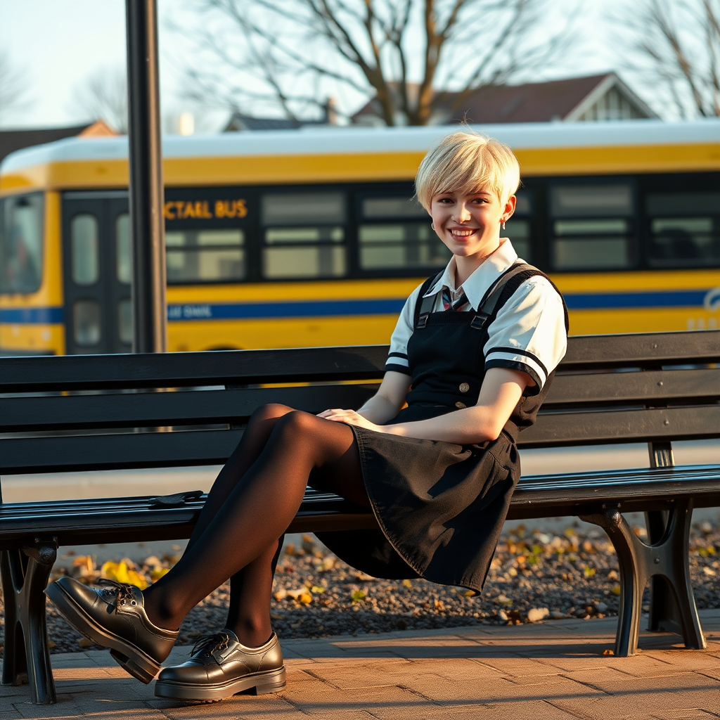 photorealistic, ultra high resolution, 16K, surreal fantasy, soft studio lighting, a pretty 18 year old goth male, slim male physique, short blonde hair, goth makeup, earrings, shiny black pantyhose, UK girls-school uniform, Mary-Jane shoes, sitting on a bench waiting for the school bus, in daylight, excited smile, facing the camera.