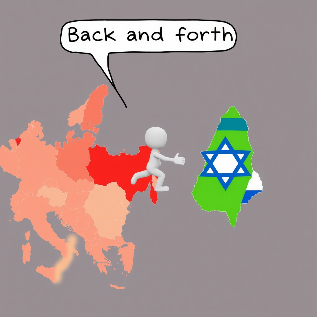 Silly person marching back and forth between the maps of Russia and Israel who says: "Back and forth!"