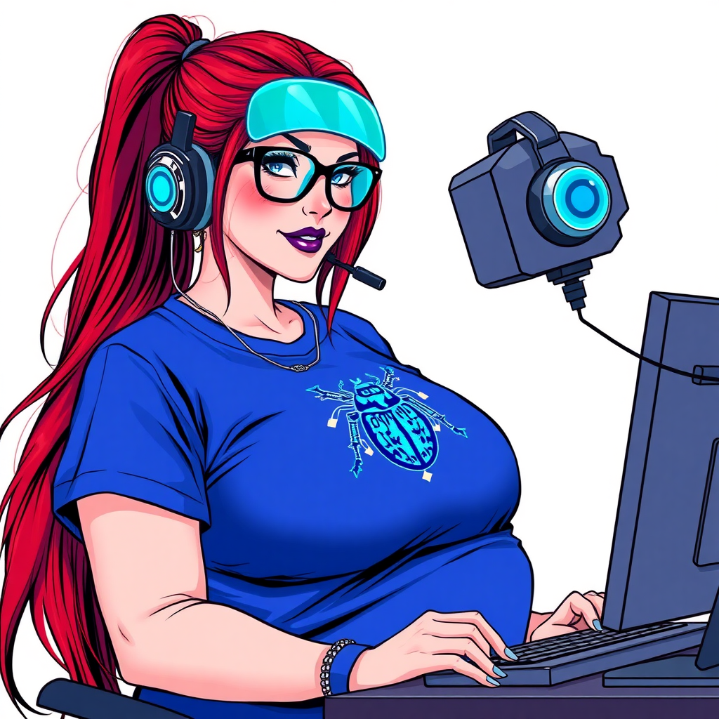 A cyberpunk vigilante’s full-figured intelligent and tech-savvy 28-year-old girlfriend, who is a computer hacker and tech genius. She has a long ruby red ponytail. She wears maximum blue lipstick, bright blue eyes, a sapphire beetle gemstone necklace, sapphire earrings, black eyeglasses, and an oversized maximum blue t-shirt featuring a blue sapphire gemstone crusted scarab beetle chest icon. She has a full-figured physique with a prominent, massive, round belly, reflecting her well-cared-for lifestyle. She sports a sapphire headset with a hi-tech maximum turquoise lensed HUD, and a shy smile with a neon red blush. She serves as his tech expert from his hideout, diligently working at her lab table computer desk. The background is solid white. She is drawn as if she was in a retro 2D cyberpunk fighting game. Ensure her maximum blue t-shirt covers her belly.