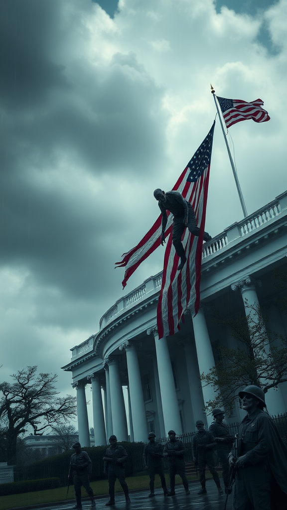 A terrifying zombie, with human consciousness, climbs onto the roof of the White House in America, pulling down the American flag. It's a cloudy day, the sky is filled with dark clouds, and the ground is wet from the rain. There are zombie soldiers standing guard on the ground.