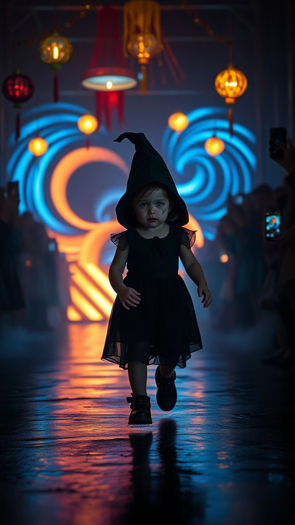 Create an eerie yet captivating scene featuring a small, 7 month old child-like witch walking confidently down a dark runway, surrounded by spectators. The witch wears a black dress, a black long cap, and has a black tattoo on her face. The face has exaggerated, creepy makeup with thick red lips.

The background features swirling, abstract light patterns in blue, orange, and yellow hues, creating a surreal and unsettling atmosphere. The audience, dimly lit on either side, holds up their phones and cameras to capture the moment, but their faces are mostly obscured in the shadow, adding to the mysterious mood. Overhead, several more colorful lights and hanging decorations give a circus-like vibe, but the overall tone is more eerie than playful. The ground is wet, reflecting the lights above, creating a sense of depth and texture, adding to the haunting atmosphere.