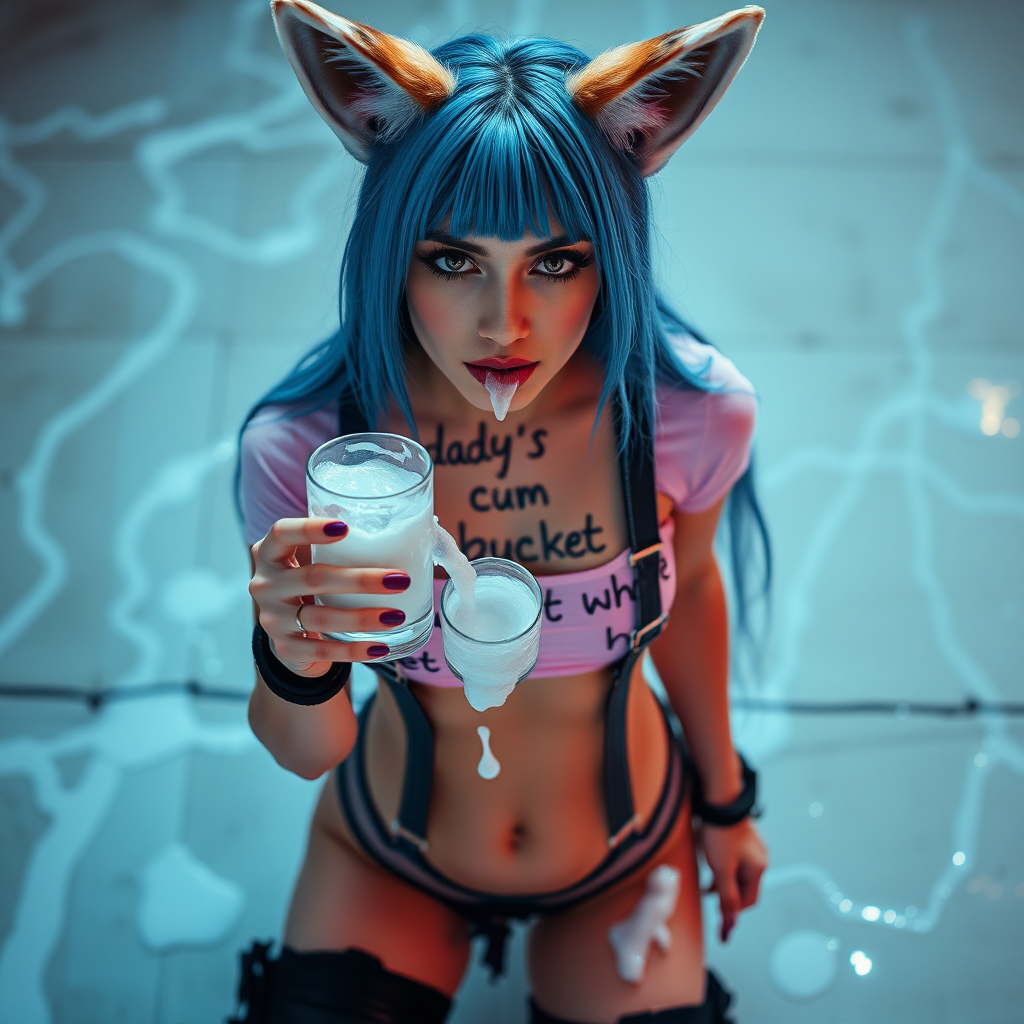 Full body in frame, high POV, Real life photo of a cyberpunk girl, she has “daddy’s cum bucket whore” written on her skin with lipstick. She is holding a glass of translucent white slime below her chin, she has fox ears, tiny cropped tee, wearing g-string thong, suspenders and chunky thigh boots, her eyes and face are covered in clear slime.