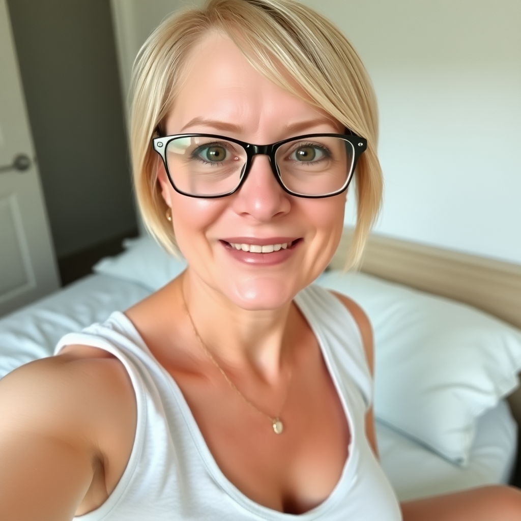 Woman, One, 40 Years old, British, Pale skin, White skin, Large chest, Thick thighs, Busty thighs, Wide jaw, Sharp nose, Horny face, Happy face, Open mouth, Blonde hair, Short hair, Straight hair, Brown eye color, thin Glasses, Cotton shorts, Sleeveless t-shirt, necklace, Bed, Motherly, amateur selfie