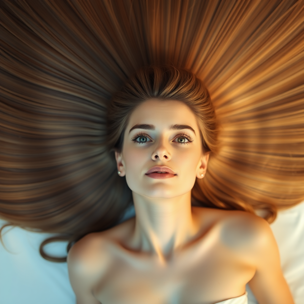 A beautiful woman laying on her back staring up at the camera. Her very long hair meticulously fanned out in a geometrically precise semicircle to display its length and beauty.