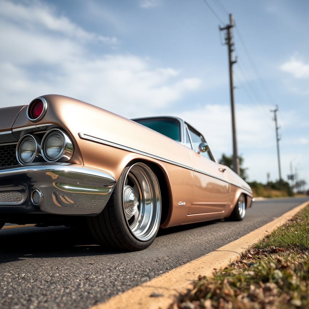 the car is parked on the side of the road, inspired by Taiyō Matsumoto, tumblr, restomod, nd4, c4 metallic shine classic american low rider car