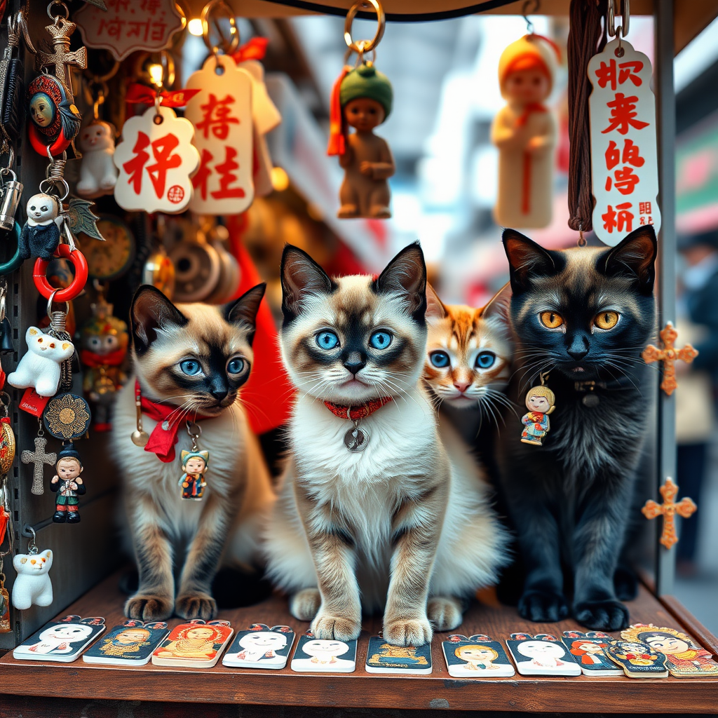 A street stall staffed by Siamese kittens filled with kitschy keychains for tourists in hell, cats, Catholic, vampire, cross, Buddhism, tacky