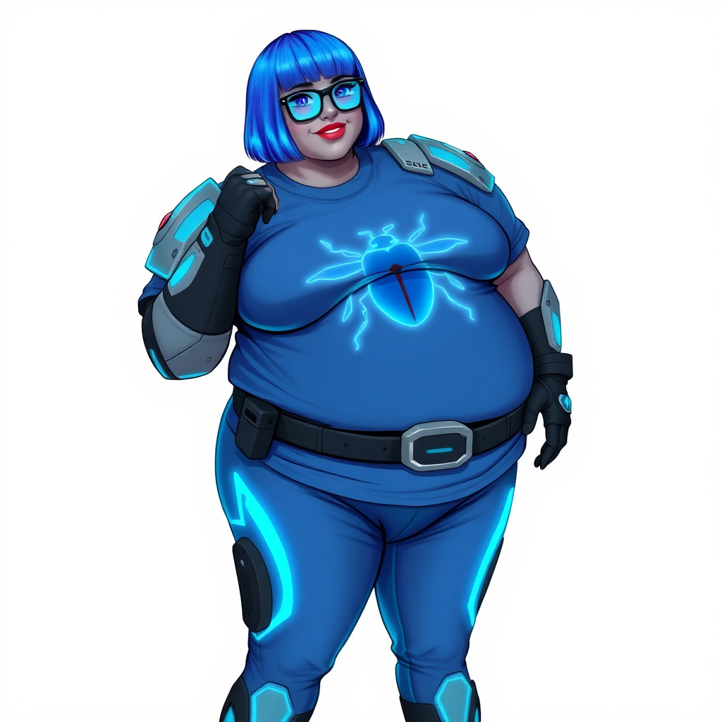 A 28-year-old, full-figured, metallic middle gray skinned computer program hybrid with a vibrant maximum blue bob cut. She has a non-athletic build, highlighted by a prominent, round, large midsection (fully emphasizing her round large belly) while being covered by her large t-shirt, reflecting her new junk food eating habits influenced by her boyfriend. As the full-figured, nerdy, digital sidekick to her cyberpunk vigilante boyfriend, her middle gray metallic skin and maximum blue lipstick underscore her digital essence. She dons a digital, computerized outfit: a large, tight-fitting, high-tech, maximum blue t-shirt with neon blue glowing beetle themed accents complete by a giant neon blue glowing beetle icon on the chest, hi-tech shoulder pads with neon blue accents, a black hi-tech belt with a digital neon blue glowing buckle, digital maximum blue pants with neon blue accents, and black hi-tech gloves with neon blue glowing accents. Her neon blue glowing eyes, black eyeglasses with neon blue glowing lenses equipped with a built-in HUD, and shy smile with neon red blush highlight her nerdiness. She stands bashfully with one hand behind her back and the other gently touching her cheek, her outfit covering all her bare skin and fully emphasizing her full-figured physique (especially her large belly). She is clearly non-athletic, with a heavy focus on her full-figured physique (with full emphasis on her large belly). Despite her build, she radiates beauty. Her slim face contrasts with her physique, accentuating her radiant beauty. She is set against a solid white background. She is drawn as if she were in a retro 2D cyberpunk fighting game.