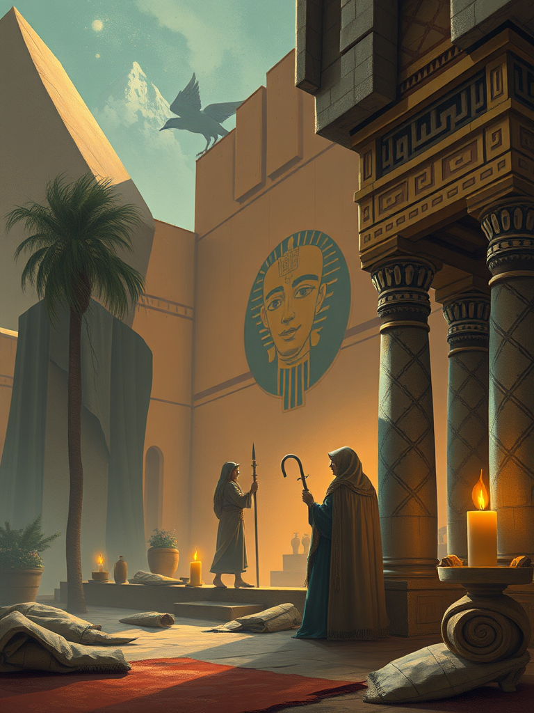 Create the following image prompt: An image in the style of Hermann Hesse and Egyptian style. Scene is freestyle.