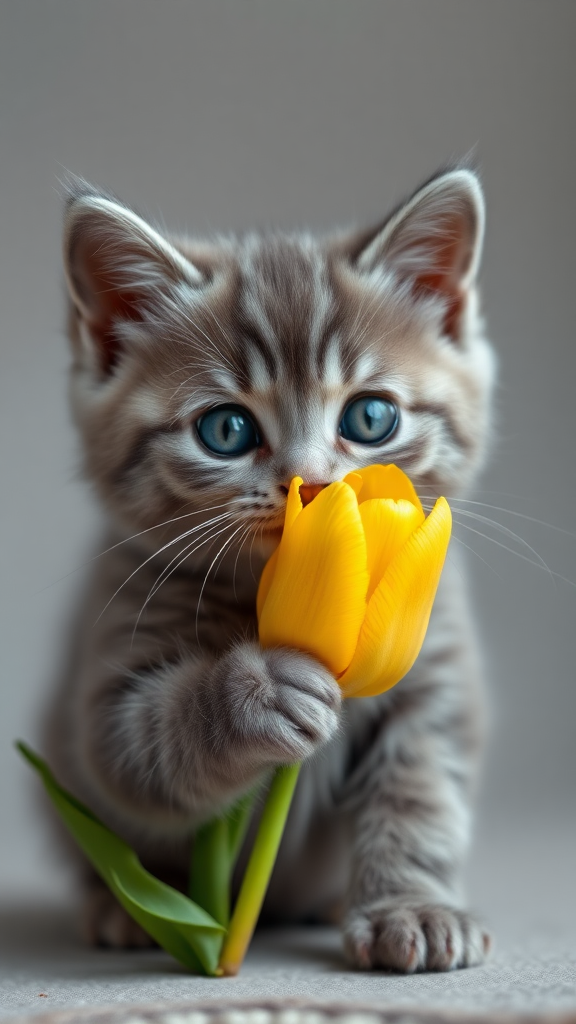 A gray kitten is holding a yellow tulip.