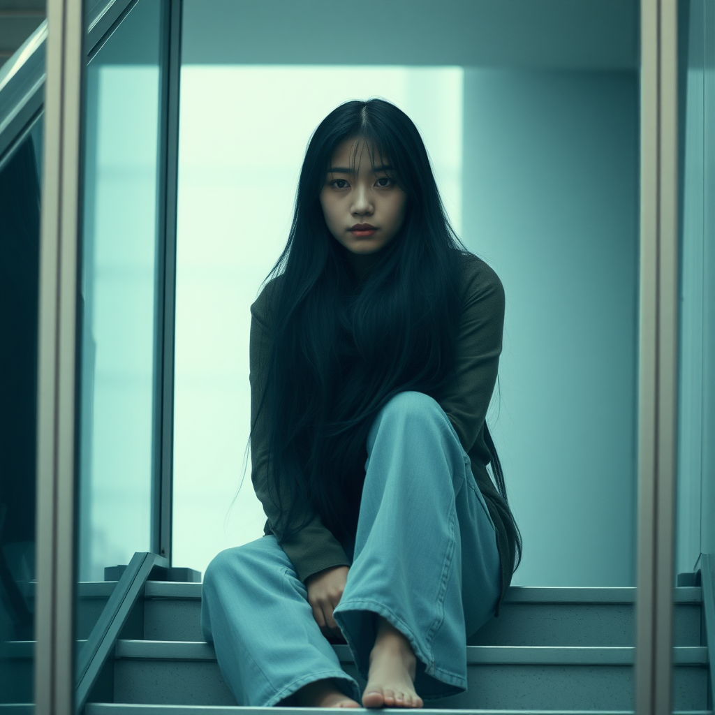 A young, very mysterious, homeless Asian woman with long, jet-black hair sits on a large staircase behind a glass partition and looks very sad.