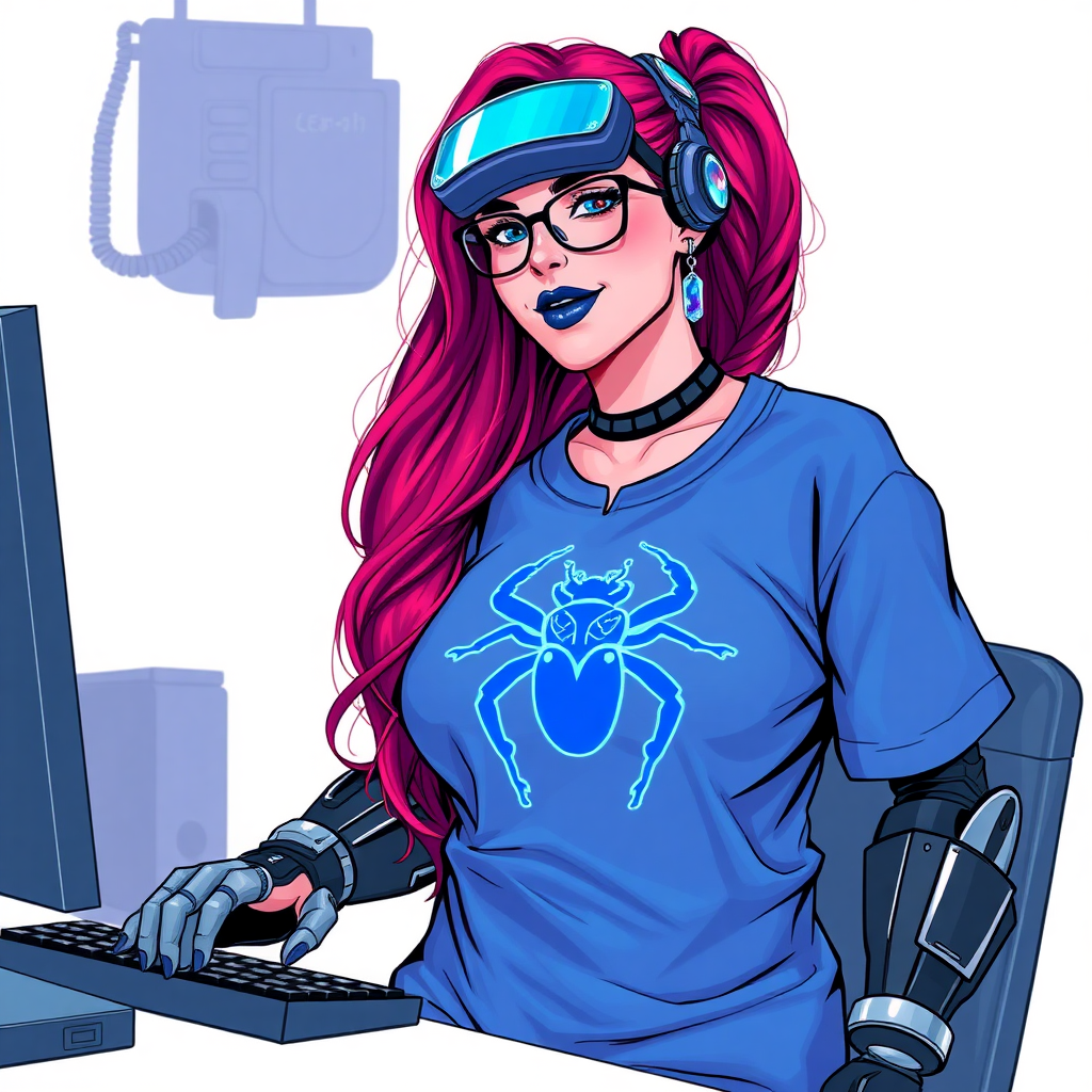 A cyberpunk vigilante’s full-figure intelligent and tech-savvy 28-year-old girlfriend, who is a computer hacker and tech genius. She has a long ruby red ponytail. She wears maximum blue lipstick, blue eyes, a sapphire beetle gemstone necklace, sapphire earrings, black eyeglasses, hi-tech metal arm armor, and an oversized maximum blue t-shirt featuring a neon blue beetle chest icon accentuating her prominent, round, gargantuan midsection. She sports a sapphire headset with a hi-tech maximum turquoise lensed HUD, and a shy smile with a neon red blush. She serves as his tech expert from his hideout, diligently working at her lab table and computer desk. The background is solid white. She is drawn as if she was in a retro 2D cyberpunk fighting game.