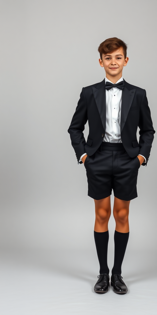 a tall 12yo teen boy, wearing black bow tie, white shirt, black formal suit with matching very tight knee shorts, tube socks, shoes, long legs, narrow thighs. full-length view. light gray background. Family photo in studio. 1980s. photorealistic, ultra high resolution, 16K, Negative: grainy, blurry, bad anatomy, extra limbs, watermark.