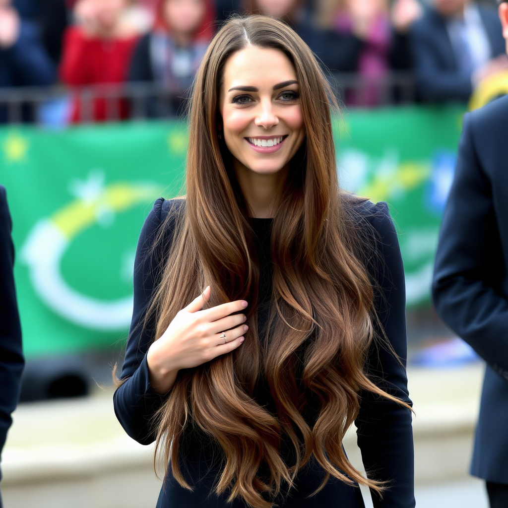 Beautiful very long haired Kate Middleton wearing her very long hair as a dress