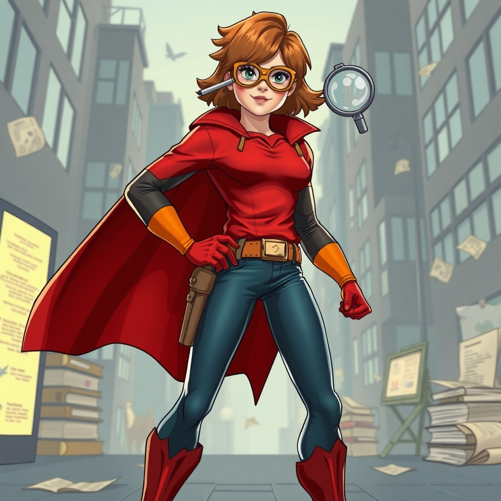 Create a full-length photorealistic image of a hybrid character: Velma Dinkley combined with the body of a male superhero. Maintain Velma's iconic costume but modify it to fit her new proportions. Design the background using elements inspired by Velma's inquisitive and intelligent nature, featuring elements like magnifying glasses, books, and mysterious clues, all set in a stylized, cartoonish urban setting that complements the hybrid character. Prioritize vibrant colors and dynamic poses to convey a sense of action and curiosity.