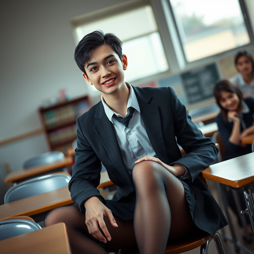 photorealistic, ultra high resolution, 16K, surreal fantasy, soft studio lighting, a pretty 17 year old goth male, slim male physique, short dark hair, blue eyes, goth makeup, earrings, sheer pantyhose, UK girls-school uniform, Mary-Jane shoes, sitting in the classroom, excited smile, facing the camera.