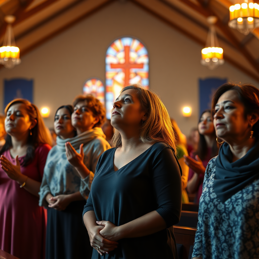 A banner with an image of several women praying in an evangelical church, digital art style, ultra detailed, cinematic lights, high quality, 8K