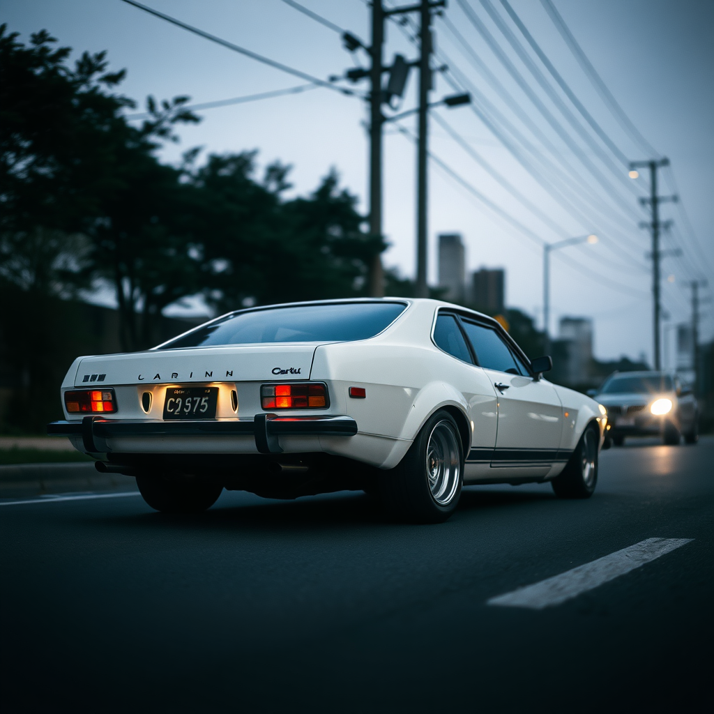 the car is parked on the side of the road, inspired by Taiyō Matsumoto, tumblr, restomod, nd4, c4 a white car is driving down the street, a picture, unsplash, shin hanga, 70's, looking regal and classic, fuji lut, poorly lit, mazoku, devils, lada, lowres, iso 500, backlighted, foam, vehicle photography, frank fanzzeta, 1 2 k, japanese, single light, basic, italian masterpiece