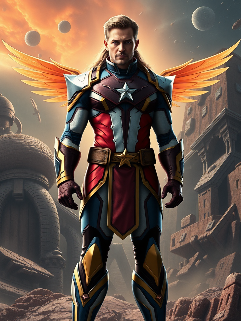 Create a full-length photorealistic render of Steve Rogers maintaining his head but using the female body structure and silhouette of She-Ra. Retain and modify his character costume to fit the new body. Design the background as a fusion of both Steve Rogers' and She-Ra’s worlds, combining elements that represent their unique environments to form a cohesive scene.