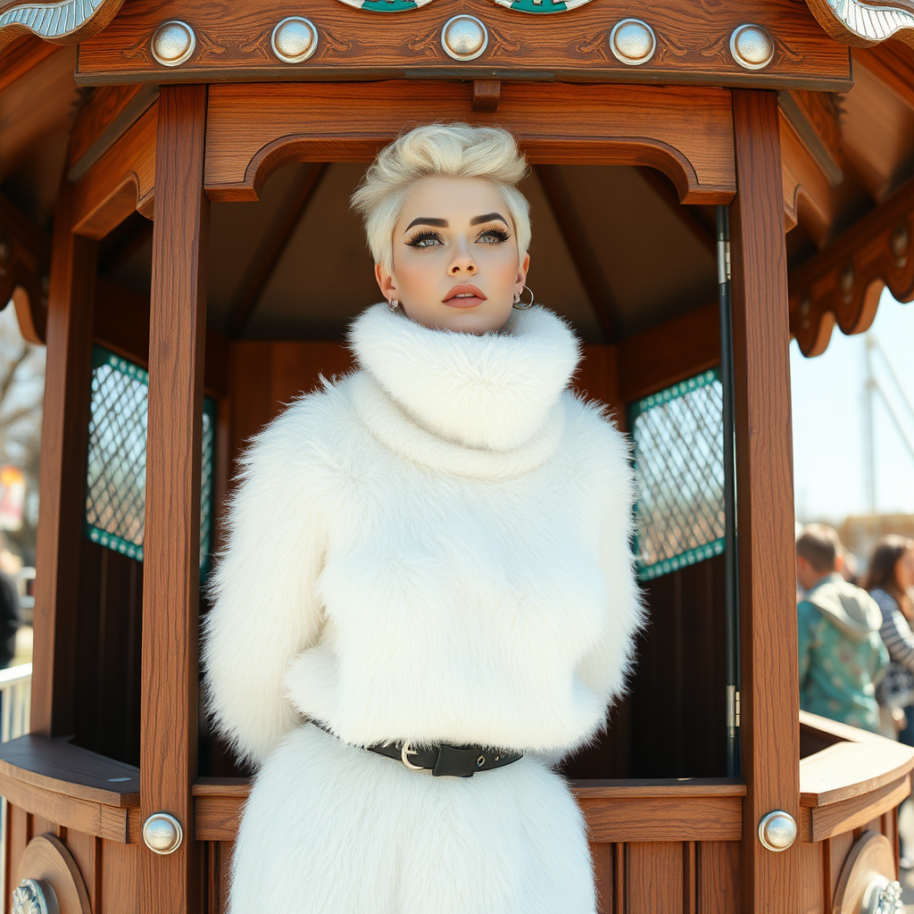 Amusement park wooden “kissing booth,” sunny spring Sunday morning. Sam, 19 years old beautiful involuntary femboy, rebellious intractable character, petite boyish figure, platinum blond boyish rebel punk hairstyle, flawless heavily made-up face with sharp arched tattooed eyebrows, wearing Supertanya-style fluffy very fuzzy bright white angora thigh-length turtleneck-poncho fully covering body and arms, silver-glitter leggings, black leather high-heeled pumps, silver earrings, both hands tied to pole behind back, standing inside kissing booth, waiting for next customer to kiss. Focus on Sam’s face and turtleneck-poncho.