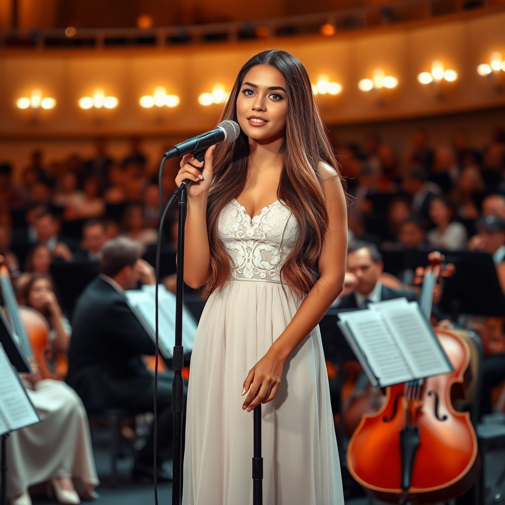 a young woman singing in a microphone. large orchestra in background. she stands in the middle of the stage. long brunette hair with highlights, bright blue eyes. suntanned skin. small lips colored pale rose. wearing an elegant long white dress with transparent lace and white pumps. photo from some distance.