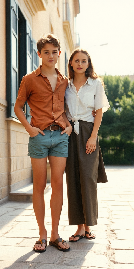 Vintage photo, 1980s. Hot summer. Spain. A tall skinny 13yo teen boy wearing short shirt, tight booty shorts, long legs, bare thighs. With a girl wearing shirt, long skirt. Full length view.