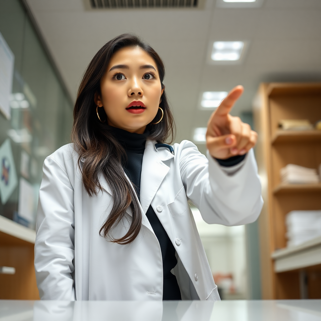 photo low angle Korean woman wearing lab coat standing and pointing her finger toward the table in front of her. she has a surprised look on her face