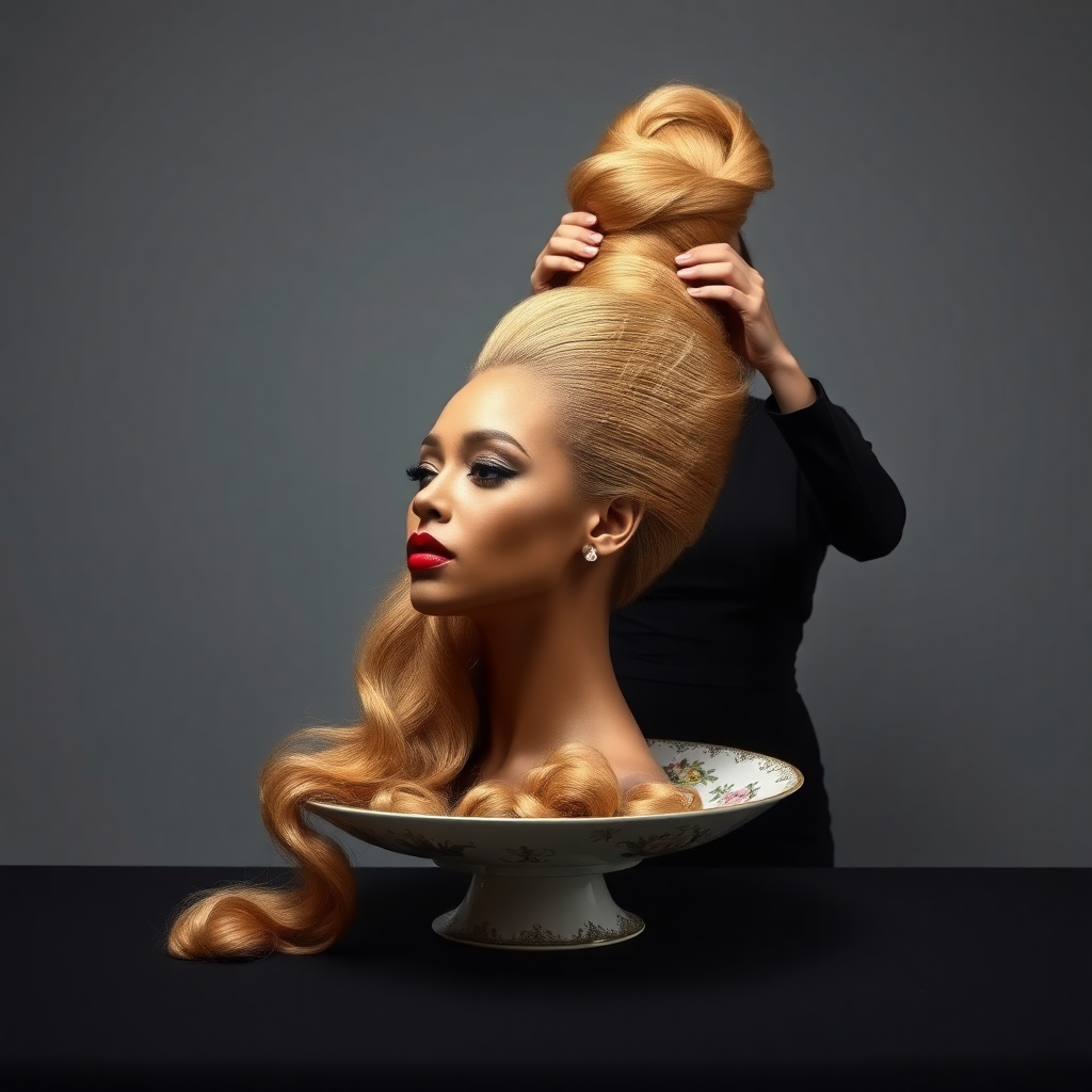 In an avant-garde tableau, a strikingly beautiful, disembodied head of a fashion icon reminiscent of Beyoncé rests elegantly on an ornate, vintage plate, its delicate china adorned with intricate floral patterns. Her long, luscious hair cascades down, shimmering like molten gold, while each strand catches the light, creating a halo effect around her perfectly sculpted features. Her chin rests gracefully on the edge of the plate, accentuating her strong jawline and full, inviting lips, which are painted with a bold crimson hue.

Behind her stands a dedicated hairdresser, dressed in chic, all-black attire, exuding a sense of calm concentration as they skillfully gather the flowing locks. The hairdresser’s fingers move deftly, weaving her hair into an impressive, towering updo reminiscent of a regal crown, adding height and drama to the surreal scene. The atmosphere is imbued with a quiet intensity, and the air is rich with the scent of high-end hair products—a blend of floral notes and smooth vanilla.

The background is a plain, muted gray, providing a stark and minimalist canvas that amplifies the surrealism of the arrangement, allowing the viewer to focus entirely on the exquisite details and craftsmanship at play. The contrast between the opulence of the subject and the simplicity of the setting creates a captivating visual narrative, engaging the viewer's imagination and inviting deeper reflection on themes of beauty and identity.