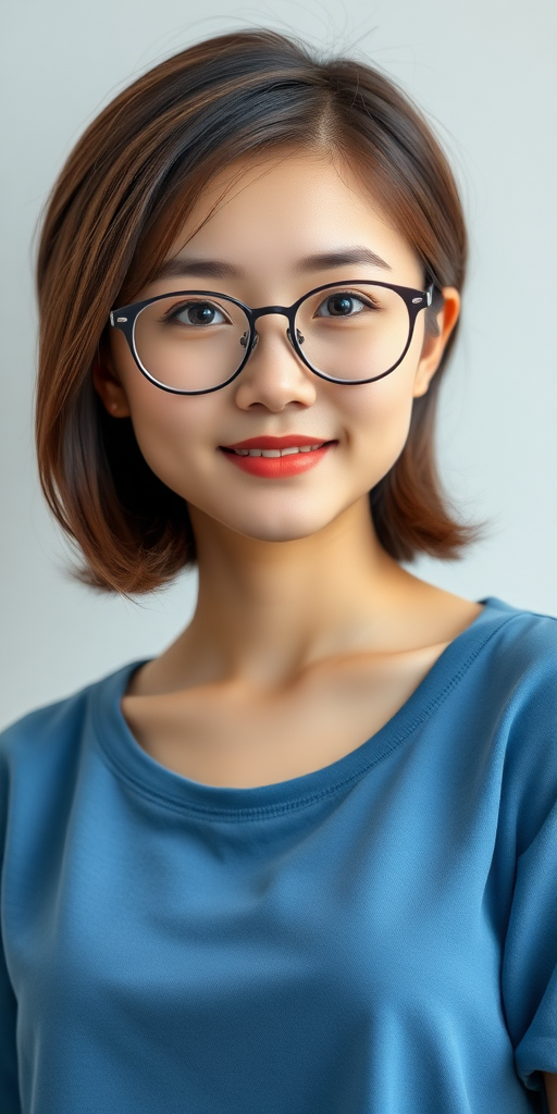 A beautiful Chinese girl, short hair, wearing glasses, slightly chubby, full figure, small chest, blue clothes, mid-shot.