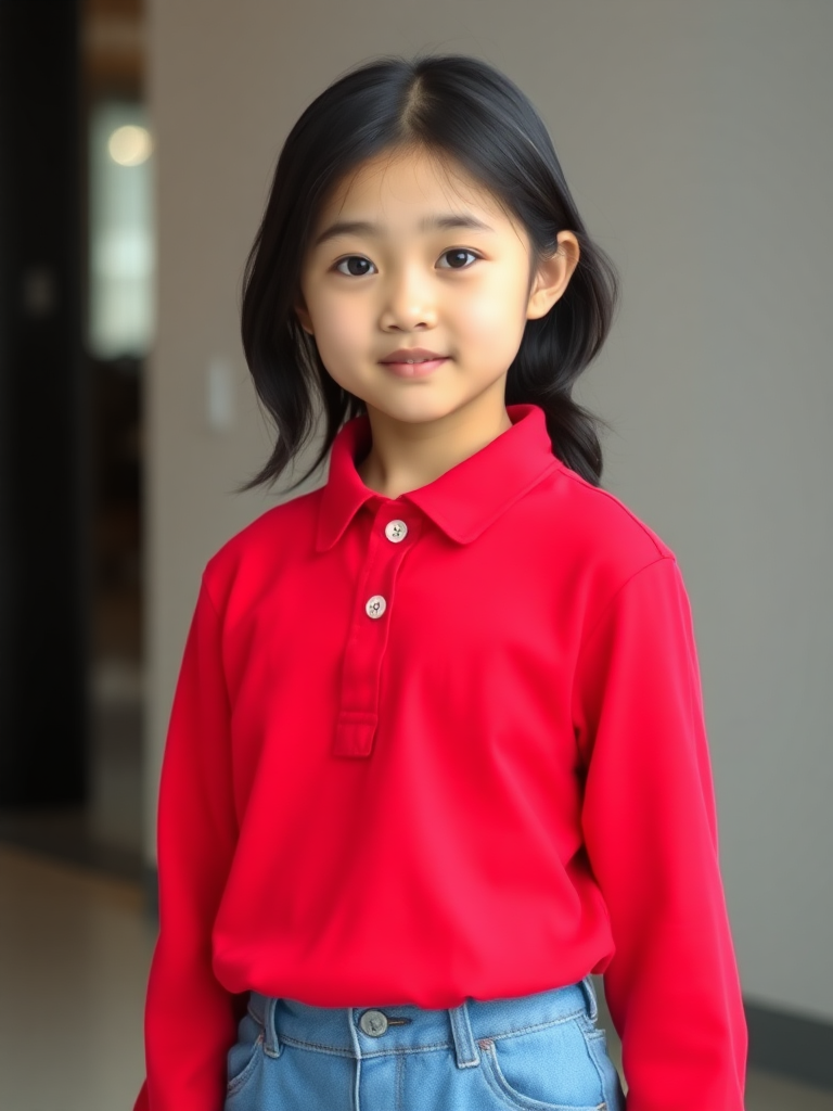 A Asian girl wearing a red long-sleeved polo shirt. full body, front view, looking at viewer.