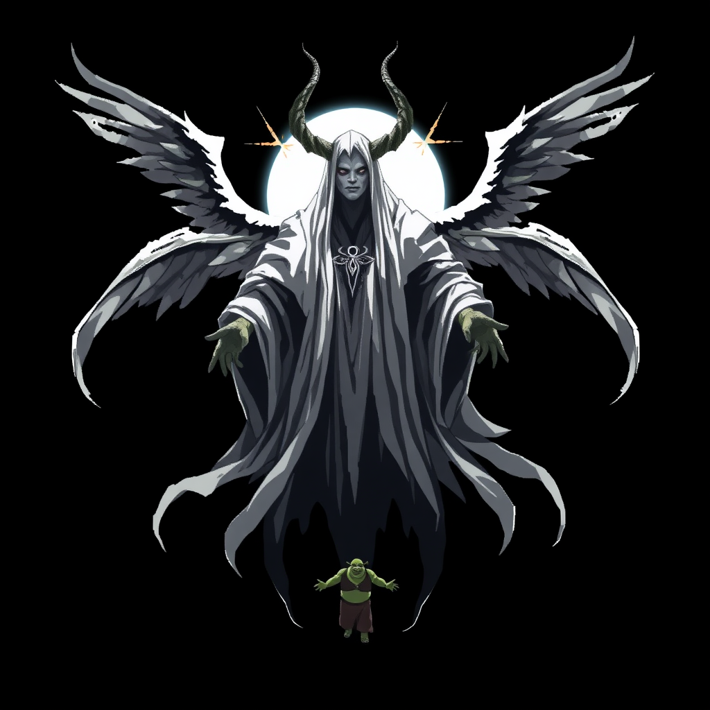 (Anime Pixel-styled art) Black background, a haunting godly-powerful angelic figure known as Yaldabaoth, the Demiurge, hovers ominously in mid-air. His tall, ghost-like form exudes a spectral presence, draped in flowing white-and-black robes that billow with an ethereal energy. His entire face is veiled by a strange and eerie, pure white circular light, from which a single eye symbol glows faintly in its center, casting an unsettling aura. Four large, menacing horns crown his head, giving him an air of divine yet terrifying power. Behind him, four angelic wings, majestic and shadowy, spread wide—simultaneously invoking grace and fear. His outstretched hands seem to beckon with an unknown purpose, completing his full-body, otherworldly presence in the dark expanse, Shrek is there trying to face him.