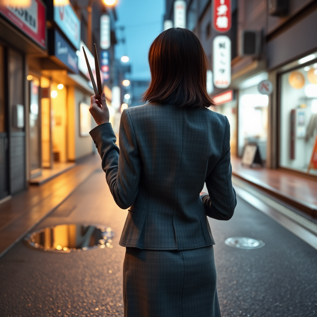 the back of a young Japanese businesswoman. She wears a grey blazer and a grey skirt and faces the camera. She tightly grips a pair of long scissors in one hand. The lights from the shops in the alleyway glint off of the scissors. The lights from the shops in the alleyway are reflected in the rain puddles scattered on the asphalt of the ground. It is late at night.