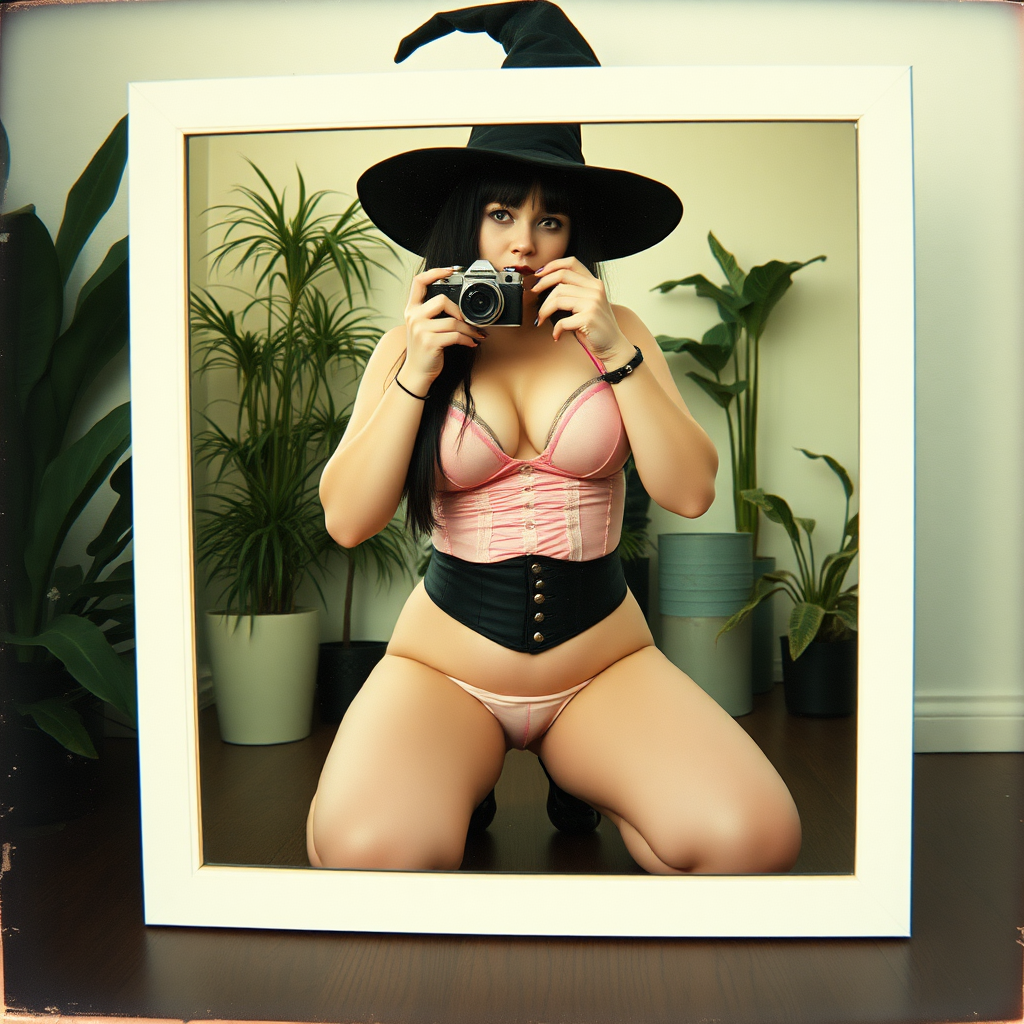 An old polaroid photo with a color tint to the photograph and visible light leaks. The photo depicts the reflection of a sexy alt goth girl with pale skin and black hair taking a self portrait with an old film camera. She has a plump booty. Her mascara is running. She has large breasts with ample cleavage and she is wearing a skimpy gstring that leaves a gap between her pubic area and thigh. The fabric of her gstring is skimpy and pink and white and barely covers her and her bra is translucent and pink and white. She is in a photography studio with artistic lighting and plants are all around behind her. She is kneeling with her knees spread apart above a large mirror. Her underwear is damp. She is wearing a witch hat. She is also wearing a black underbust corset.