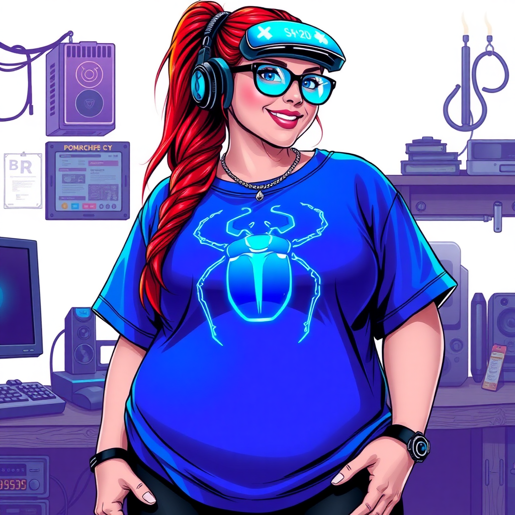 A cyberpunk vigilante’s full-figured intelligent and tech-savvy 29-year-old girlfriend, who is a computer hacker and tech genius. She has a long ruby red ponytail and bright blue eyes. She wears a sapphire beetle gemstone necklace, and an oversized maximum blue t-shirt featuring a giant neon blue glowing icon of a beetle on its chest. She has a full-figured physique with a prominently, gargantuan, round midsection, reflecting her well-cared-for lifestyle. The midsection is heavily emphasized. She sports a sapphire headset with hi-tech maximum turquoise lensed HUD visor, black eyeglasses, and a beaming smile with a passionate bright red blush. Despite her figure and a lack of self-esteem, she radiates an air of beauty. She has a slim face which contributes to her radiant beauty. She serves as his tech expert from his hideout, dutifully working at her workshop with a computer desk and tool bench. The background is solid white. She is drawn as if she was in a retro 2D cyberpunk fighting game. Ensure her shirt covers her round midsection.