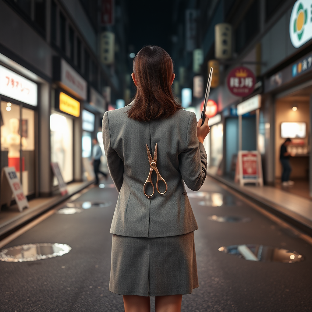 the back of a young Japanese businesswoman. She holds a pair of long scissors at her side. She wears a grey blazer and a grey skirt and faces the camera. The lights from the shops in the alleyway glint off of the scissors. The lights from the shops in the alleyway are reflected in the rain puddles scattered on the asphalt of the ground. It is late at night.