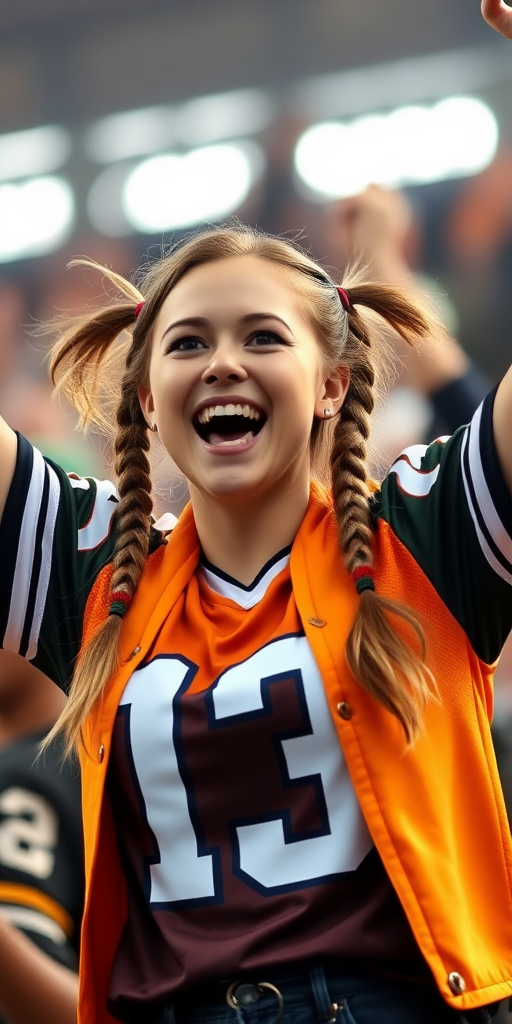 Attractive female NFL fan, pigtail hair, cheering wildly