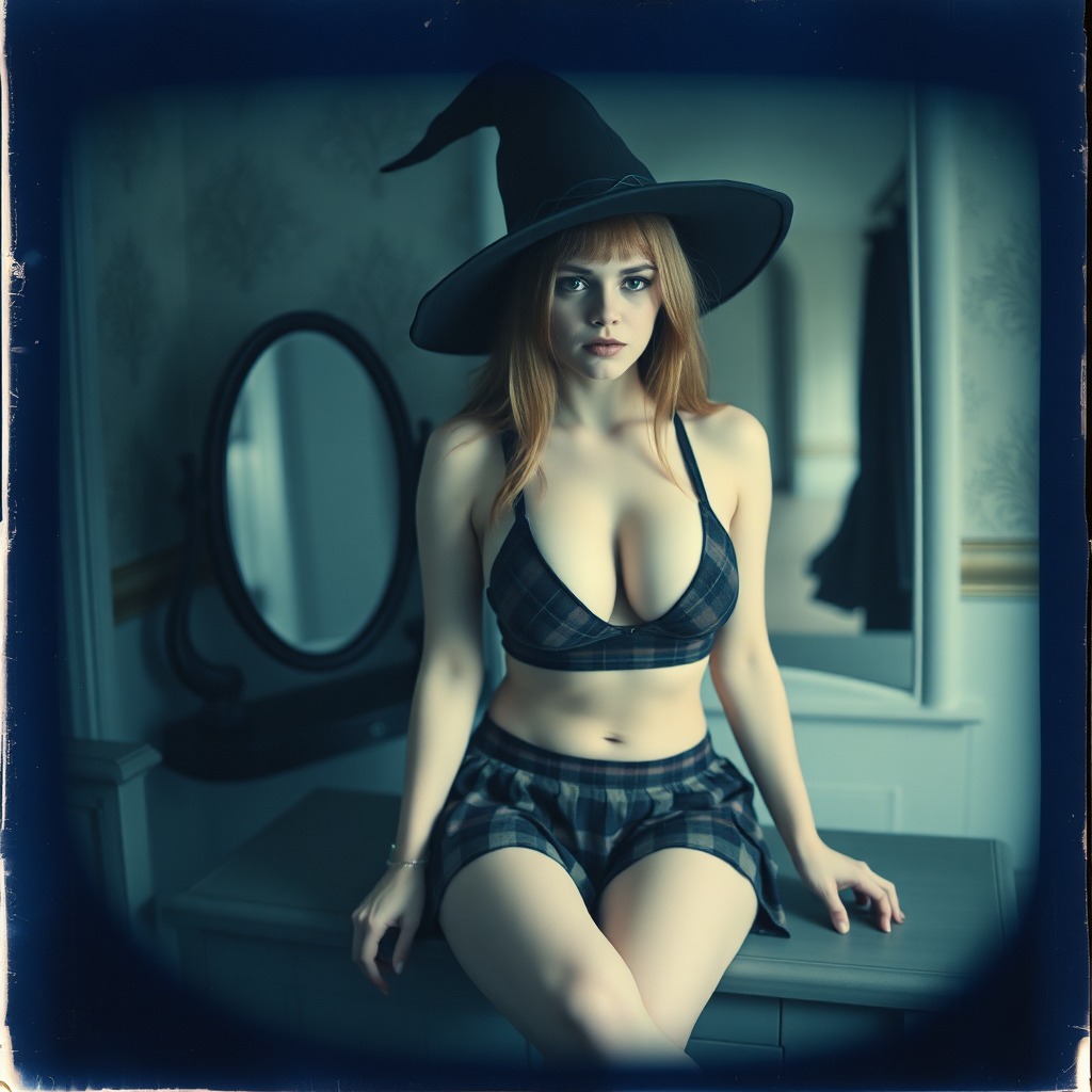 can of an old polaroid photo with heavy dark vignetting and a blue color tint to the photograph and visible light leaks. The photo depicts a sexy alt goth girl with pale skin. She has large breasts with ample cleavage and is wearing a plaid bra with triangle shaped cups. She is wearing a witch hat. The image looks hazy and grungy. She is in an old house with wallpaper on the walls. Dark lighting with camera flash used. Candid. she is wearing a pleated miniskirt and a plaid thong. She is sitting on a builtin vanity with a mirror with her knees spread apart.