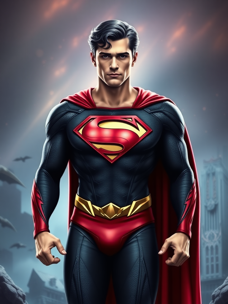 Generate a full-length image of Superman, utilizing Black Canary's female figure for the body. Maintain Superman's head, hairstyle, and facial features. Merge key embellishments from Black Canary's costume into Superman's, adjusting it to fit the new proportions. For the background, blend elements inspired by both characters' worlds.