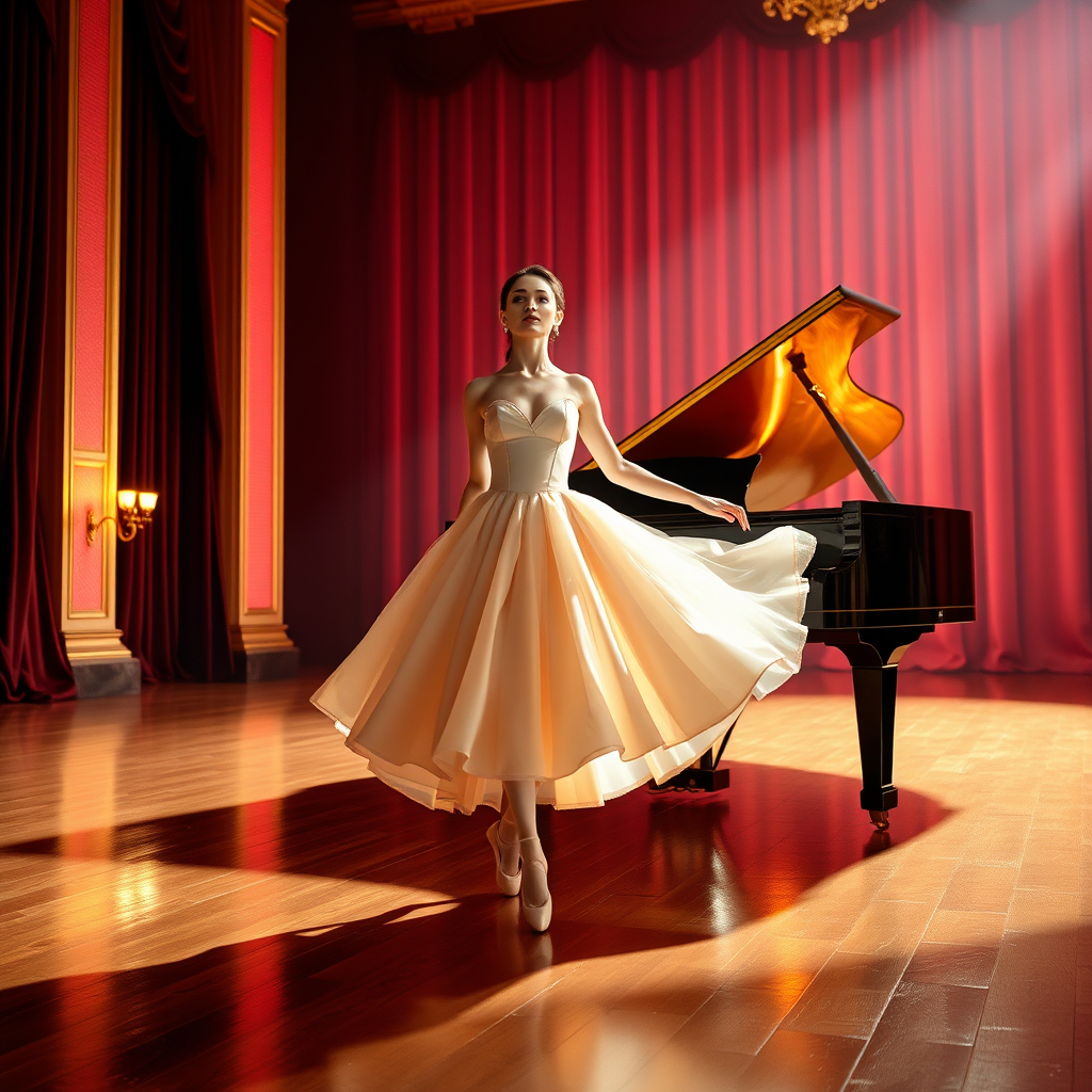 In the heart of the opulent ballet theater, a solitary ballerina stands poised on a polished wooden stage, the air rich with the faint scent of the high-gloss finish and the lingering aroma of fresh flowers from backstage. She wears a stunning silk gown that transitions from a delicate blush pink at the bodice to a shimmering gold at the hem, its fabric billowing softly around her like wisps of cloud as she moves. The backdrop glows with soft pink and gold lighting emanating from a magnificent grand piano, its glossy surface reflecting the warm hues that dance across the stage.

As she gazes out at the audience, her ethereal eyes, gleaming with a hint of mischief and deep contemplation, capture the light and seem to hold untold stories. Each gentle brush of her fingertips against the piano keys is a whisper of sound, a delicate caress as if she were nurturing a precious secret, creating a symphony that fills the theater with an enchanting melody.

Surrounding her, the luxurious velvet curtains drape elegantly, their rich burgundy contrasting with the delicate grace of her presence. The quiet anticipation from an unseen audience hangs palpably in the air, creating a tranquil yet electric atmosphere, a fusion of art and emotion. In this moment, she embodies a vision of grace, tranquility, and elegance, offering a glimpse into a world where movement and music weave together in perfect harmony.