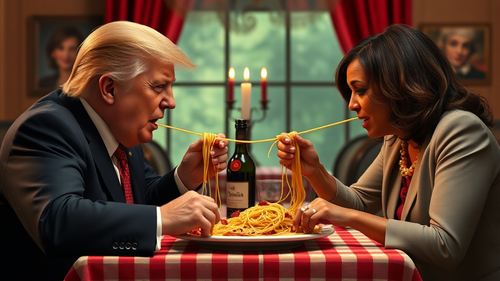 Photoreal style. ratio: 16:9. Donald Trump and Kamala Harris eating in an Italian restaurant a la the one in 'Lady and the Tramp.' Checkered tablecloth, Chianti bottle used as a candle holder. Both humans are eating spaghetti from one shared plate with their hands, and end up eating the same long piece of spaghetti, making their heads meet.