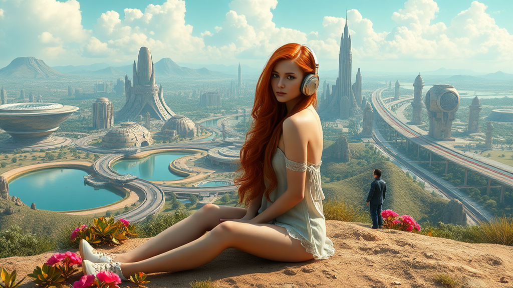 pretty woman with long red hair, sitting on the ground with headphones on an alien planet with a futuristic city, nice greenery, flowers, waterscapes, and beautiful clouds, highways and streets, ultra-realistic view and ultra-high cinematic detail