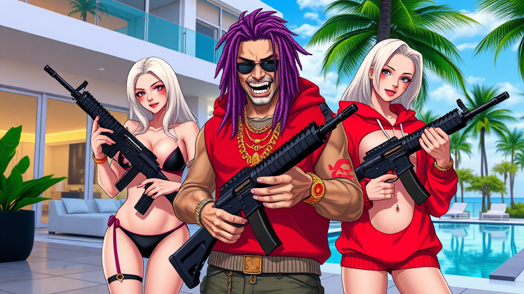 A high-quality anime art scene, a white thug male with purple dreadlocks, golden grills, holding 2 AK-47s, in a modern-day mansion outside in Miami Beach. There are two white blonde girls with micro-bikinis and g-strings next to him, wearing red Bape hoodies.