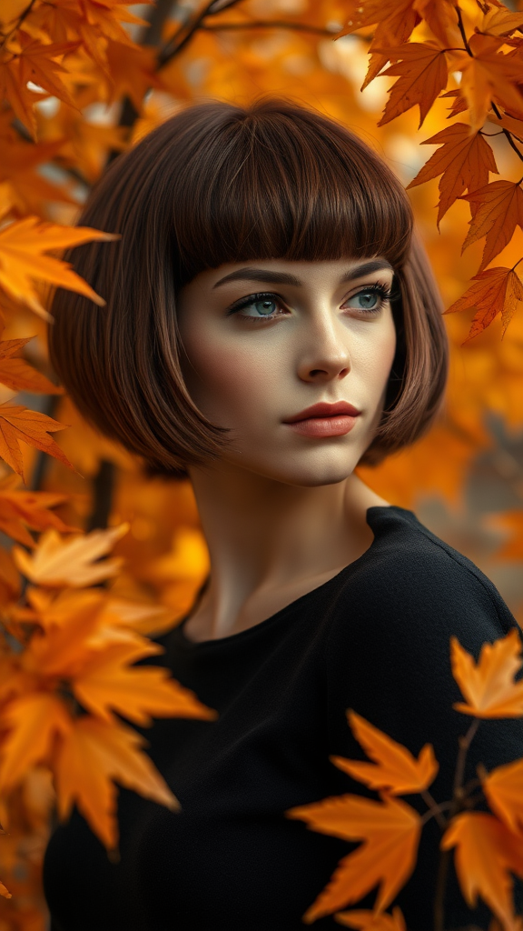 Beautiful model Anne Hathaway with a Bowl Cut hairstyle, surrounded by autumn chestnut foliage, in high definition.