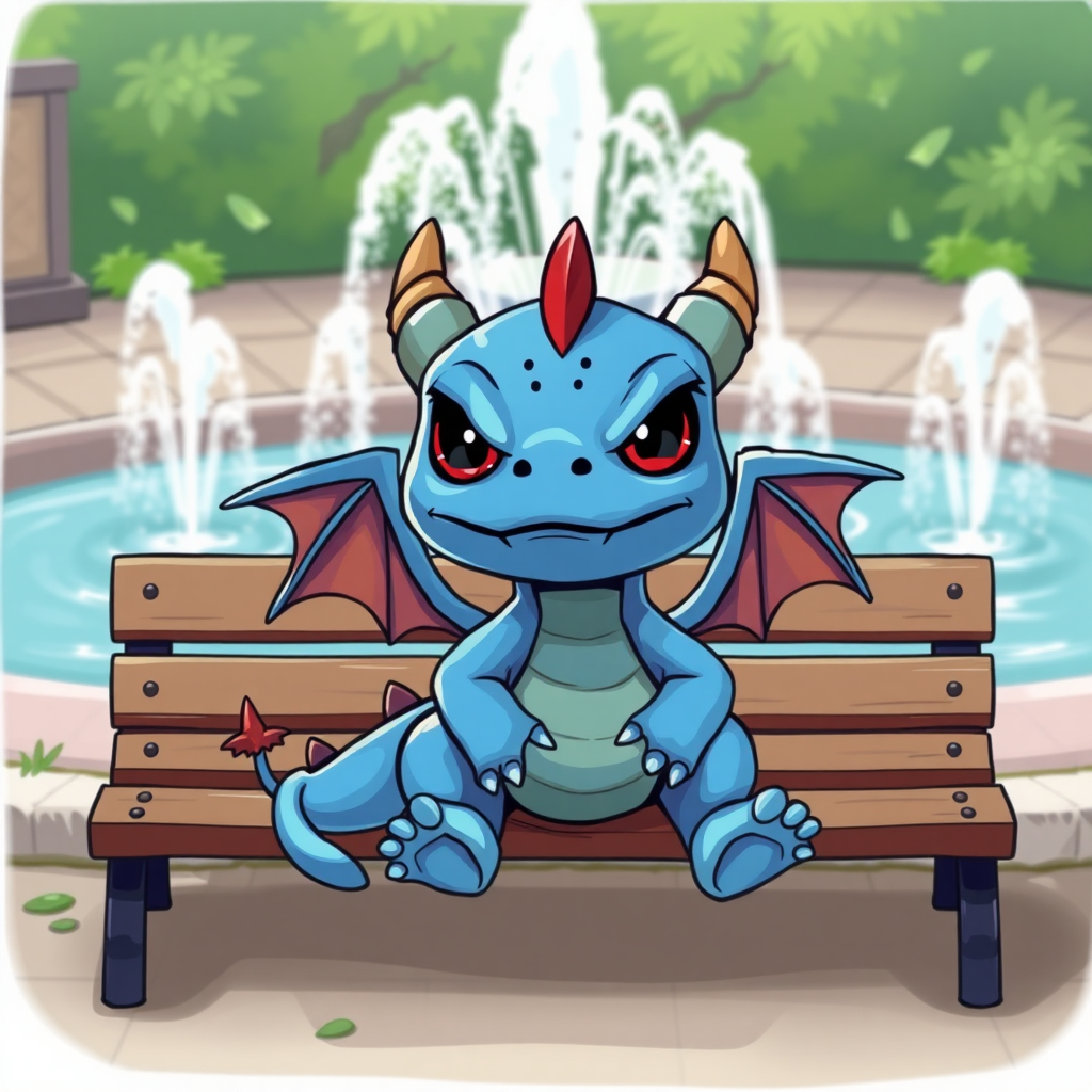 A cartoon blue small dragon with two legs, two arms, black angry eyes with red pupils and wings sitting on a bench watching a water fountain.