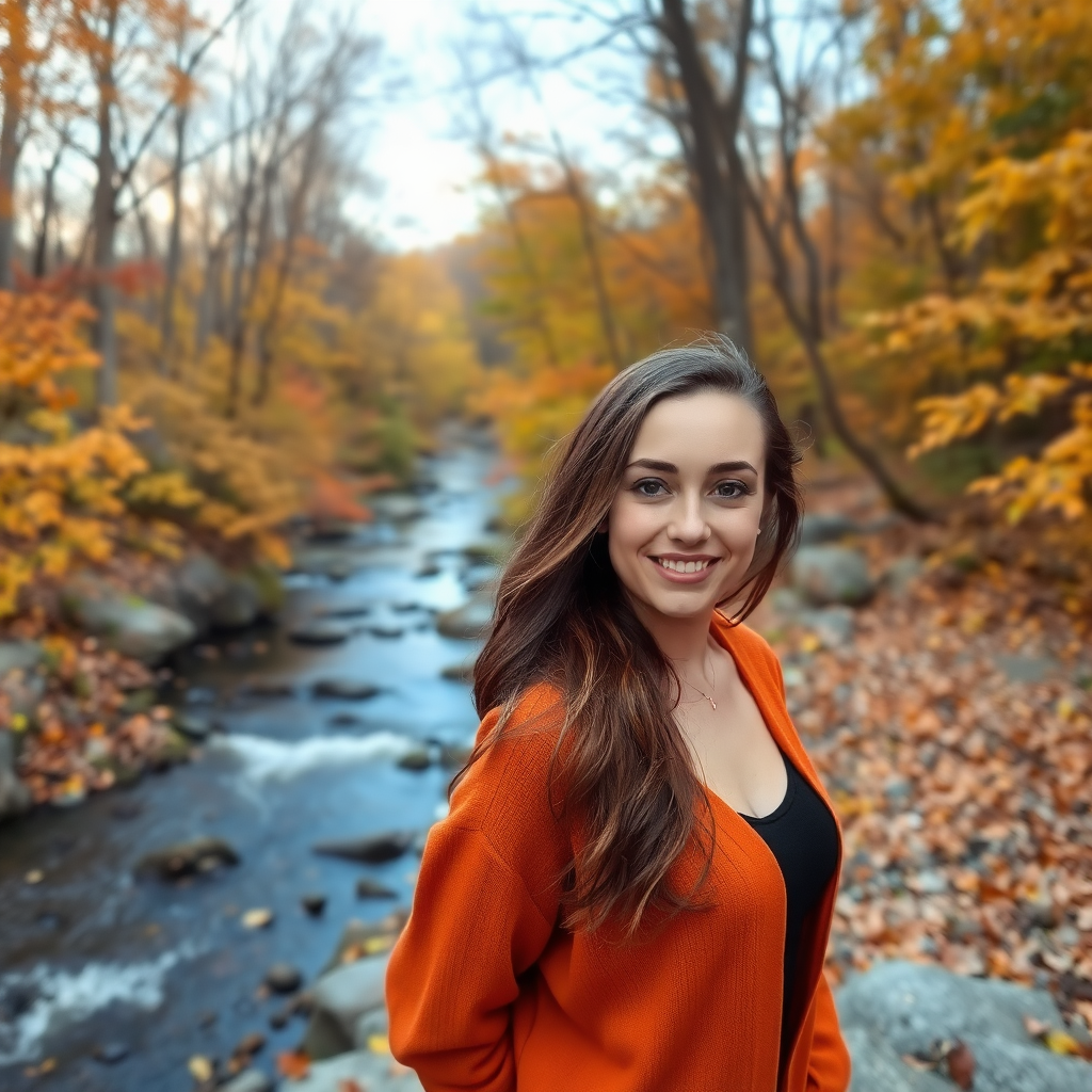 Autumn with foliage in the woods with a river, with a beautiful model posing.