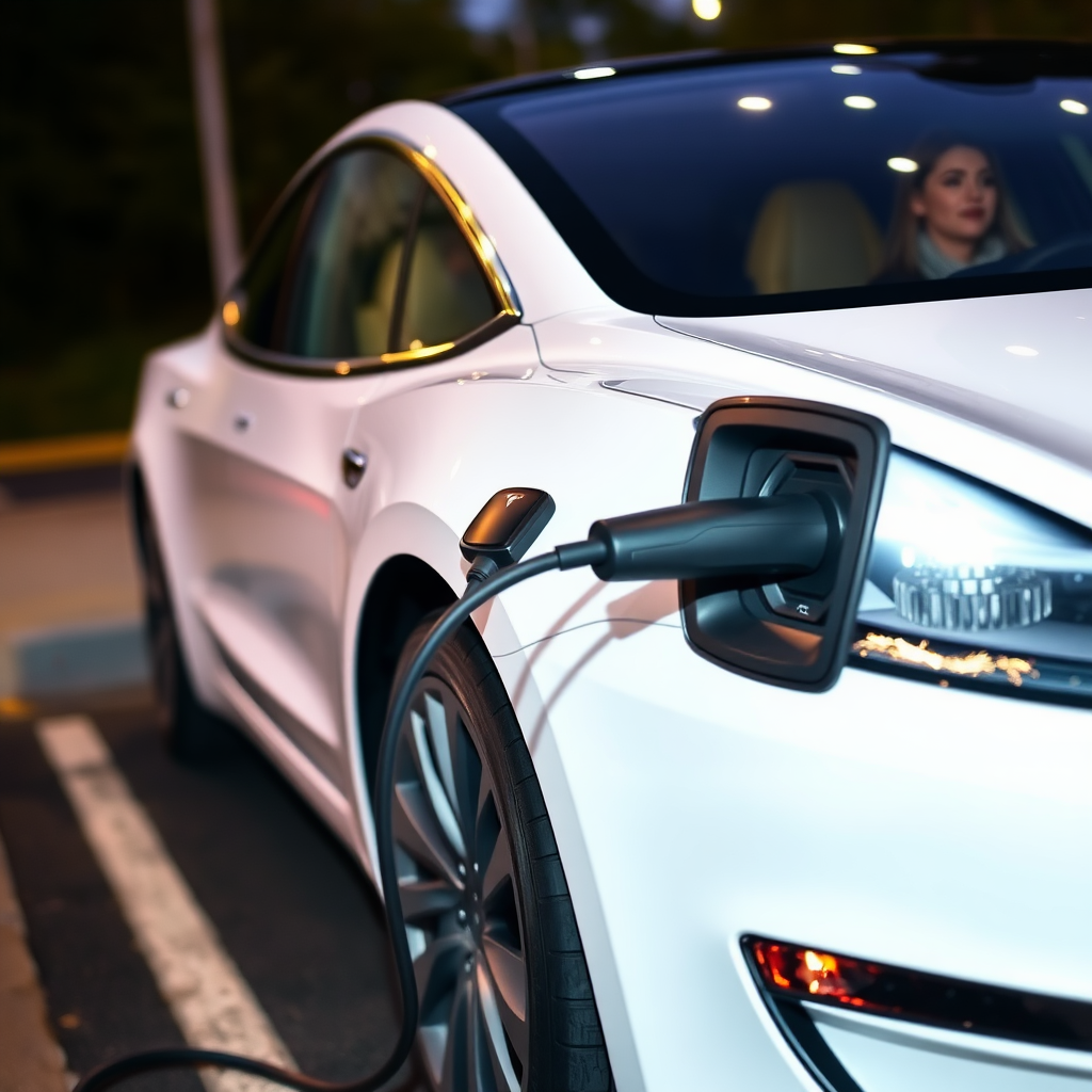 A woman driving a white Tesla with the charging cable still plugged into it. The entire charging stall is still attached, being dragged behind the car, sparking.