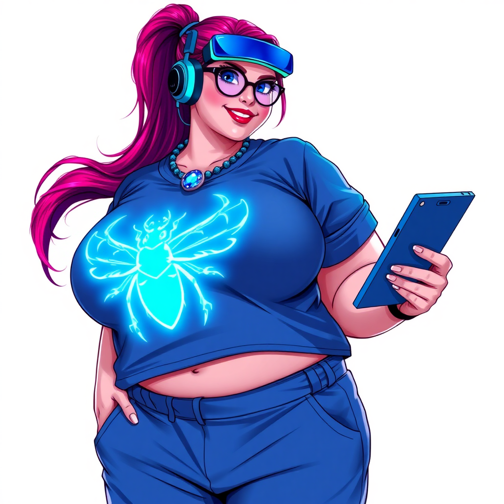 A cyberpunk vigilante’s full-figured intelligent and tech-savvy 29-year-old girlfriend, who is a computer hacker and tech genius. She has a long ruby red ponytail and bright blue eyes. She wears a sapphire beetle gemstone necklace, an oversized Maximum Blue (RGB 71, 171, 204) t-shirt featuring a giant neon blue glowing chest icon of a winged beetle, and matching Maximum Blue (RGB 71, 171, 204) sweatpants. She has a full-figured physique with a prominent, gargantuan, well-rounded midsection, reflecting her well-cared-for lifestyle. Her midsection is heavily emphasized. She sports a sapphire headset with a hi-tech sapphire lensed HUD visor, Maximum Blue (RGB 71, 171, 204) lipstick, black eyeglasses, and a beaming smile with a passionate bright red blush. Despite her figure and a lack of self-esteem, she radiates an air of beauty. She has an angular face which contributes to her radiant beauty. She serves as his tech expert from his hideout, holding a holographic tablet and a hi-tech tool wrench. The background is solid white. She is drawn as if she was in a retro 2D cyberpunk fighting game. Make sure her outfit covers her midsection.