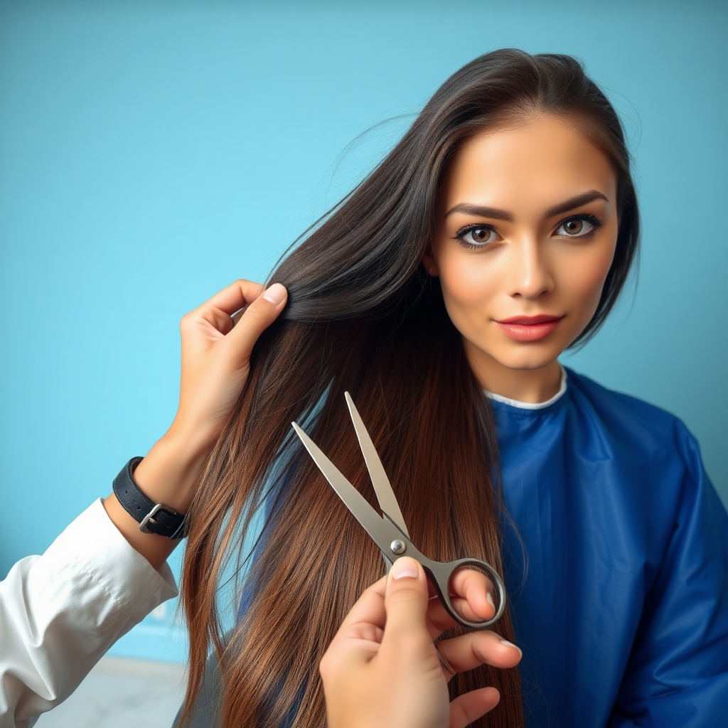 POV, A beautiful woman sitting in a hair salon wearing a blue salon cape, looking at the camera. Her very long hair meticulously fanned out. I'm grabbing a lock of her hair with one hand and prepare to cut it with scissors held in the other hand. Plain light blue background.