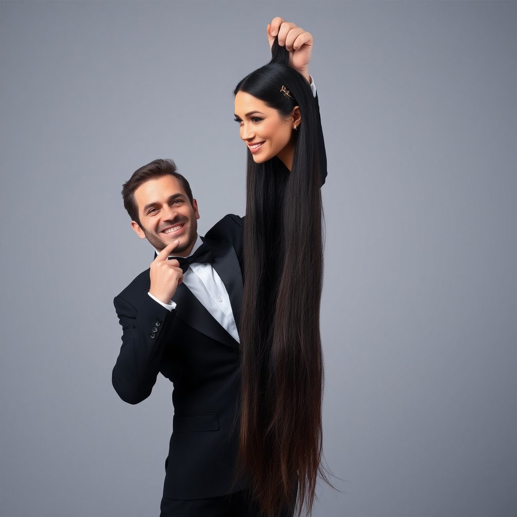 A surreal image of a smiling male magician standing to the side while holding up the disembodied head of a very long haired Meghan Markle by her hair to display it to the camera. He is grabbing her very long hair and pulling it up high in the air, while her head is hanging by her hair from his grasp. Plain gray background.